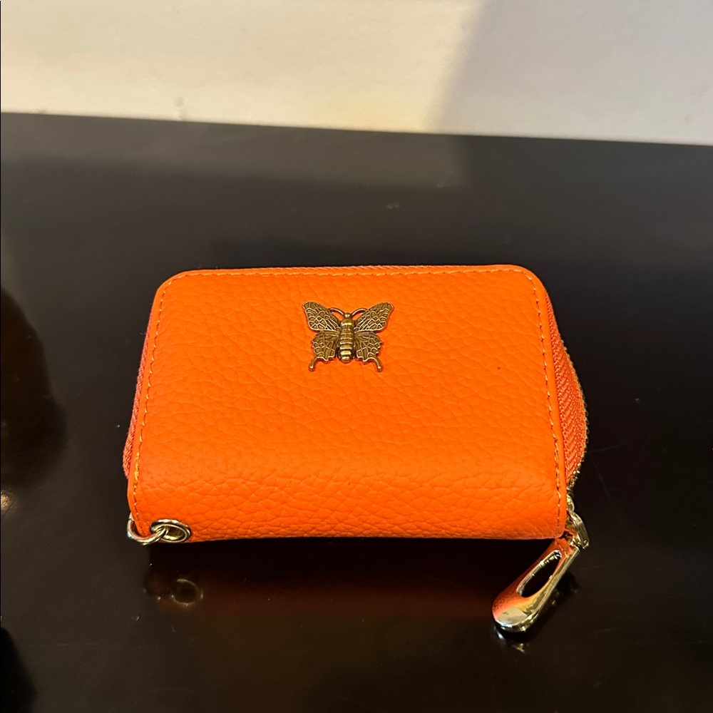 Orange Leather Wallet with Butterfly Accent